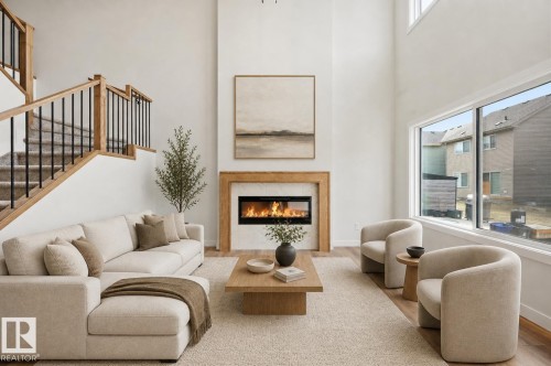 Virtually staged - 3218 Dixon Way, Edmonton, AB - Indoor Photo Showing Living Room With Fireplace