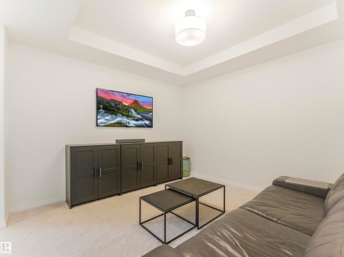 Living area featuring a tray ceiling with a flush mount light fixture, light-colored carpeting, and white walls - 19 Nettle Crescent, St. Albert, AB - Indoor