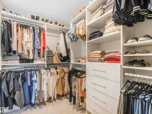 Spacious closet featuring white built-in shelving, drawers with silver hardware, and carpeting - 19 Nettle Crescent, St. Albert, AB - Indoor With Storage