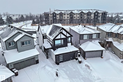 The property features a dark-colored exterior with white trim and a prominent gable roof - 19 Nettle Crescent, St. Albert, AB - Outdoor