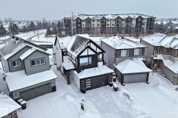 The property features a dark-colored exterior with white trim and a prominent gable roof - 