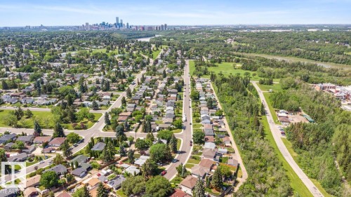 Aerial perspective showcasing a residential area with varied housing styles - 4508 109A Avenue, Edmonton, AB - Outdoor With View