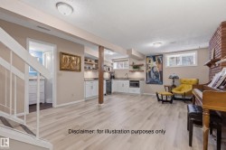 Expansive lower-level space featuring wood-finish flooring, a wet bar with white cabinetry and light-toned countertops, and a brick-finish accent wall - 