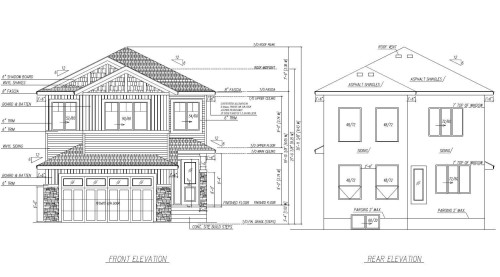 Architectural Drawings, Elevations. Depicting the front and rear exterior design and dimensions of the property - 372 Creekside Green, Leduc, AB - Other