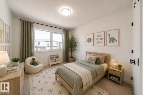 Bright room featuring a large window with green drapes, soft carpet flooring, and a flush mount ceiling light - 86 Blackbird Bend, Fort Saskatchewan, AB - Indoor Photo Showing Bedroom