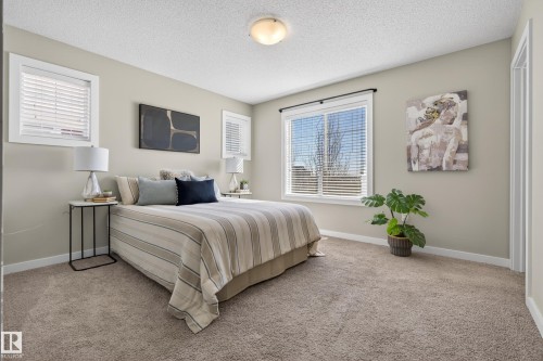 Plush carpeted flooring, neutral wall tones, white trim, and multiple windows with white blinds - 61 2803 James Mowatt Trail, Edmonton, AB - Indoor Photo Showing Bedroom