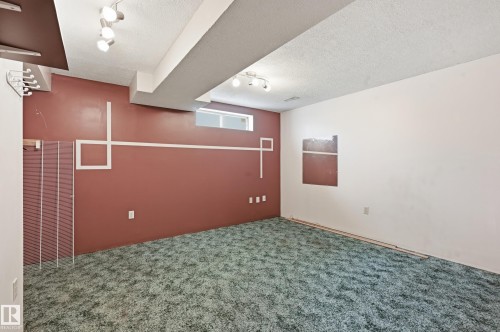 Lower-level room featuring an accent wall, track lighting, a window, and textured carpet flooring - 1242 Joyce Crescent, Edmonton, AB - Indoor