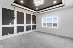 Accent wall with dark panels and white trim detailing - 