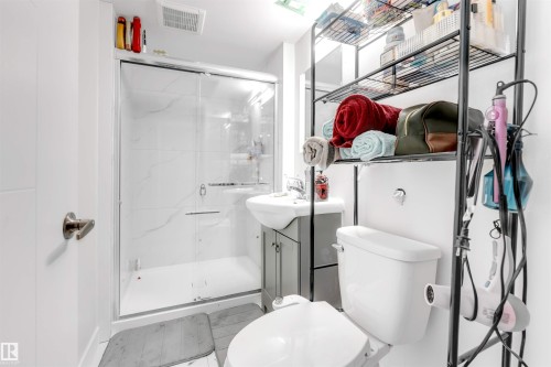 Bathroom with vanity, a marble finish shower, and marble finish flooring - 12202 45 Street, Edmonton, AB - Indoor Photo Showing Laundry Room