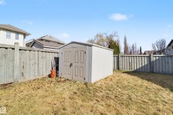 Backyard featuring a shed with double doors, enclosed by a perimeter fence - 