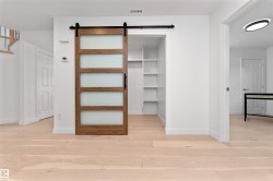 Modern barn door with frosted glass panels and a black hardware track - 