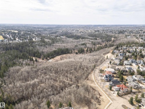 Expansive aerial view showcasing a neighborhood with varied residential architecture bordered by extensive natural woodlands - 607 Butterworth Wynd, Edmonton, AB - Outdoor With View