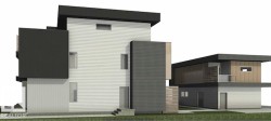 Contemporary exterior featuring a multi-tone facade with white siding, dark gray panels, and light wood-finish accents - 