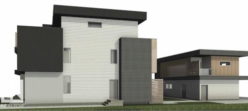 Contemporary exterior featuring a multi-tone facade with white siding, dark gray panels, and light wood-finish accents - 9007 92 Street, Edmonton, AB -  With Exterior