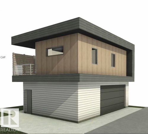 Modern architectural design featuring a flat roofline, wood-paneled siding on the upper level, and horizontal white siding on the lower level - 9007 92 Street, Edmonton, AB - Outdoor With Exterior