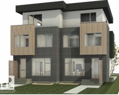 Contemporary multi-level facade featuring dark and light horizontal siding, natural wood-finish vertical accents, a flat roofline, and multiple large windows - 