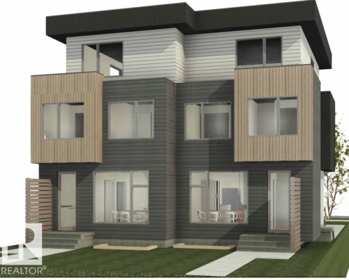 Contemporary multi-level facade featuring dark and light horizontal siding, natural wood-finish vertical accents, a flat roofline, and multiple large windows - 9007 92 Street, Edmonton, AB - Outdoor