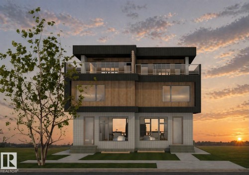 Modern multi-level facade featuring dark paneling, wood-finish siding, and light-toned lower-level cladding - 9007 92 Street, Edmonton, AB - Outdoor