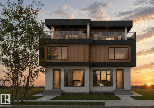 Contemporary duplex facade featuring a multi-textured exterior - 9007 92 Street, Edmonton, AB - Outdoor