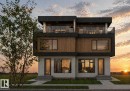 Contemporary duplex facade featuring a multi-textured exterior - 9007 92 Street, Edmonton, AB  - Outdoor 