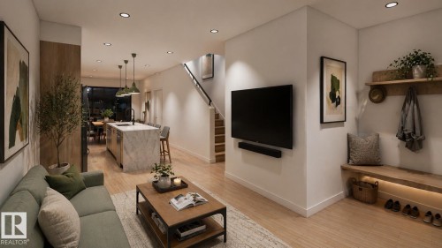 Open-concept living space featuring wood-finish flooring, recessed lighting, a built-in entryway bench with integrated lighting, a substantial kitchen island with a stone countertop, and a staircase with open risers - 9007 92 Street, Edmonton, AB - Indoor Photo Showing Living Room