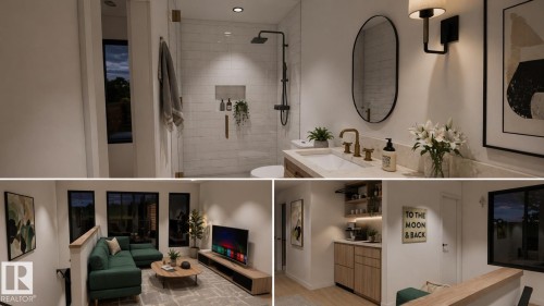 Contemporary bathroom featuring a glass-enclosed shower with subway tile surround, a vanity with a rectangular sink, brass-finish faucet, and an oval wall mirror - 9007 92 Street, Edmonton, AB - Indoor