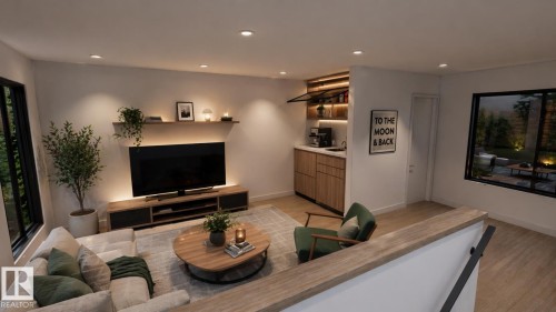 Living space with recessed lighting, a built-in media console, and a wall-mounted shelving unit - 9007 92 Street, Edmonton, AB - Indoor Photo Showing Living Room