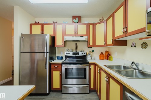 The kitchen features stainless steel appliances including a refrigerator, oven, and dishwasher - 25 9926 80 Avenue, Edmonton, AB - Indoor Photo Showing Kitchen With Double Sink