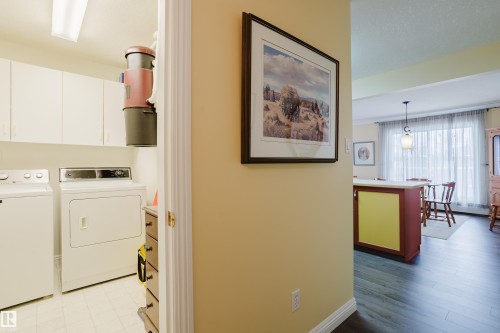 The property features a laundry area with a washer, dryer, and cabinetry, along with a living area showcasing dark flooring and an overhead light fixture - 25 9926 80 Avenue, Edmonton, AB - Indoor Photo Showing Laundry Room