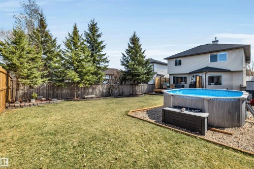 Expansive backyard featuring an above-ground pool, a wood-finish fence, and mature evergreen trees - 96 Bonin Crescent, Beaumont, AB - Outdoor With Above Ground Pool With Backyard With Exterior