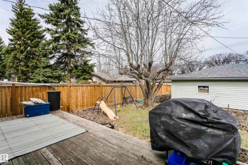Wood-finish deck with a woven outdoor mat, privacy fencing, mature trees, and an accessory building featuring horizontal siding - 9760 64 Avenue, Edmonton, AB - Outdoor With Deck Patio Veranda