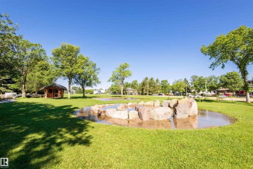 Expansive green lawn with a natural rock water feature, mature trees, and a rustic wooden gazebo - 9760 64 Avenue, Edmonton, AB - Outdoor