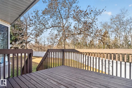 Expansive exterior deck featuring wood-finish decking and railings, overlooking a grassy yard with mature trees - 46 903 109 Street, Edmonton, AB - Outdoor With Deck Patio Veranda With Exterior