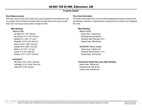 Property Details. Providing room measurements and floor area information for the property - 46 903 109 Street, Edmonton, AB - Other
