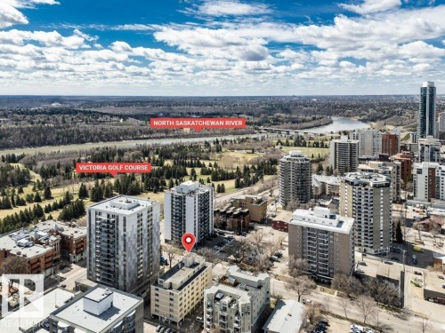 Aerial perspective showcasing a high-rise residential building within an urban environment - 403 10021 116 Street, Edmonton, AB - Outdoor With View