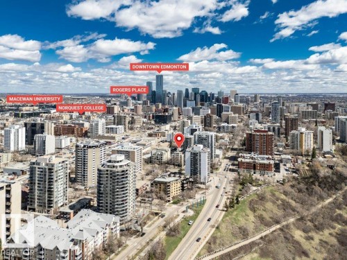 Aerial perspective showcasing an urban setting with multiple high-rise structures - 403 10021 116 Street, Edmonton, AB - Outdoor With View