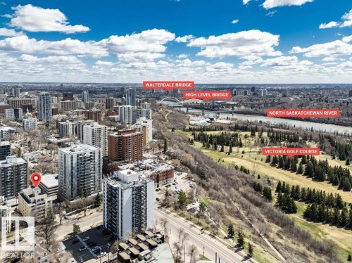 Aerial perspective showcasing a dense urban environment with a prominent river system and green spaces - 403 10021 116 Street, Edmonton, AB - Outdoor With View