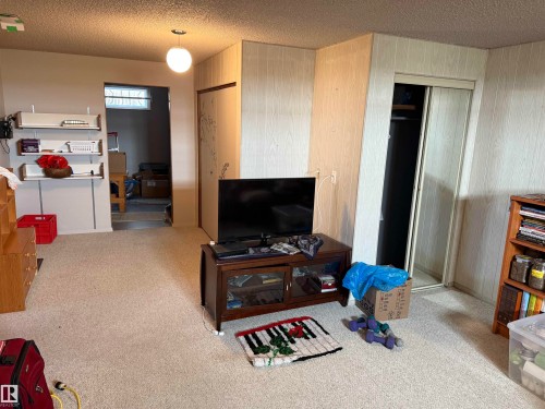 Carpeted room featuring light-colored wall paneling, a ceiling-mounted light fixture, and a built-in closet with sliding doors - 16112 87 Avenue, Edmonton, AB - Indoor