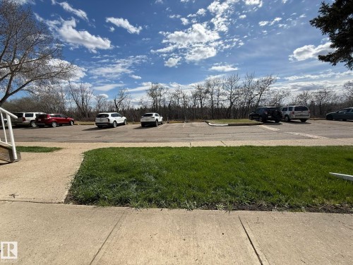 Parking area featuring a concrete surface, delineated parking spaces, and surrounding mature trees - 5 2204 118 Street, Edmonton, AB - Outdoor With View