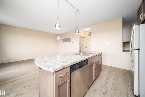 Open-concept kitchen featuring an island with a dual-basin stainless steel sink, a stainless steel dishwasher, and a curved countertop - 421 4008 Savaryn Drive, Edmonton, AB - Indoor Photo Showing Kitchen With Stainless Steel Kitchen With Double Sink With Upgraded Kitchen
