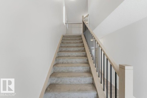 Carpeted staircase featuring light wood-tone handrails and black metal balusters - 2011 207 Street, Edmonton, AB - Indoor Photo Showing Other Room