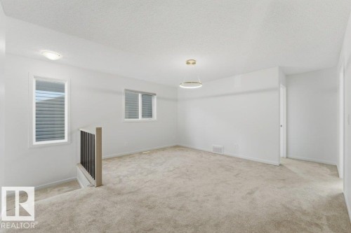 Open multi-purpose room featuring neutral carpet flooring, two windows with horizontal blinds, a modern circular ceiling light fixture, and a built-in staircase railing with vertical balusters - 2011 207 Street, Edmonton, AB - Indoor Photo Showing Other Room