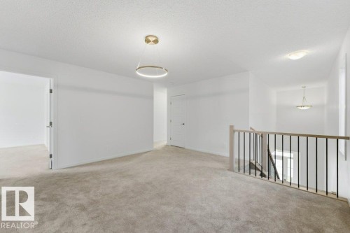 Carpeted upper-level landing featuring a modern circular pendant light, a light wood-finish and black metal baluster railing, and white interior doors - 2011 207 Street, Edmonton, AB - Indoor Photo Showing Other Room