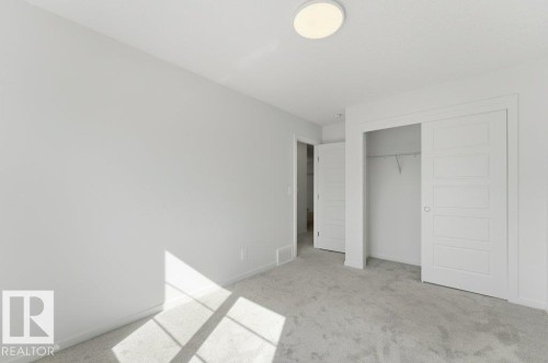 Neutral tone wall paint with light gray carpeting, a built-in closet with sliding panel doors, and a flush mount ceiling light fixture - 2011 207 Street, Edmonton, AB - Indoor