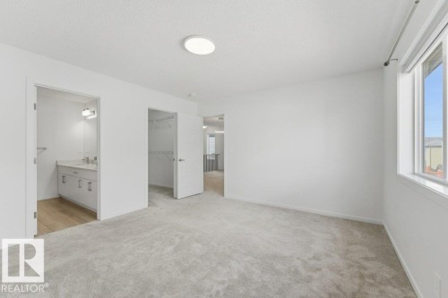 Carpeted bedroom featuring a large window, a ceiling-mounted light fixture, a walk-in closet with built-in shelving, and an en-suite bathroom with a vanity, sink, and chrome fixtures - 2011 207 Street, Edmonton, AB - Indoor Photo Showing Other Room