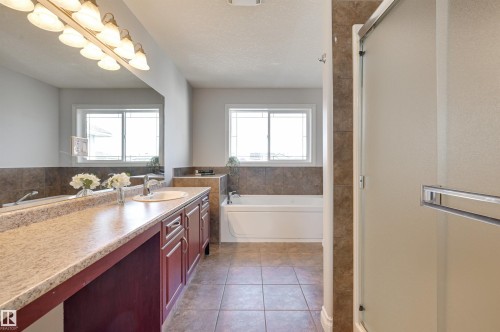 Bathroom featuring a vanity with a light-colored countertop, a built-in sink, and wood cabinetry - 24 Birchmont Drive, Leduc, AB - Indoor Photo Showing Bathroom