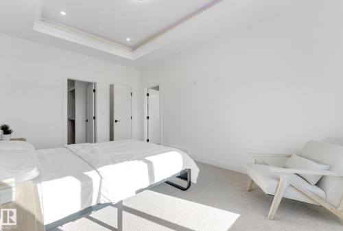 Recessed lighting illuminating a tray ceiling, light-toned carpeting, and a built-in closet with shelving - 4727 17 Avenue Sw, Edmonton, AB - Indoor Photo Showing Bedroom