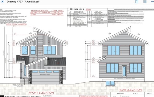 Architectural Drawings, Elevations. Depicting the front and rear views of the property including dimensions and square footage - 4727 17 Avenue Sw, Edmonton, AB - Other