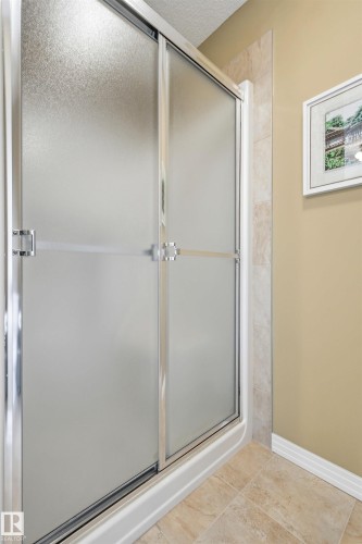 Shower enclosure with frosted glass sliding doors and chrome hardware, set on a white shower base - 2340 Hagen Link, Edmonton, AB - Indoor Photo Showing Bathroom