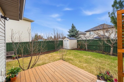 Expansive backyard featuring a wood-finish deck, green privacy fencing, mature trees, and a functional storage shed - 2340 Hagen Link, Edmonton, AB - Outdoor